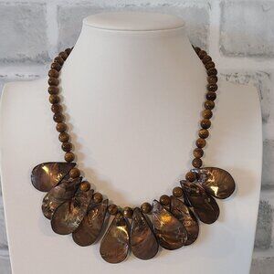 Tigers Eye Beaded Abalone Shell Necklace Brown Boho Beach Earth Tone